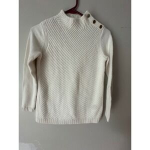 Talbots Petite Cream White Textured Knit Mock Neck Sweater Gold Buttons Size P